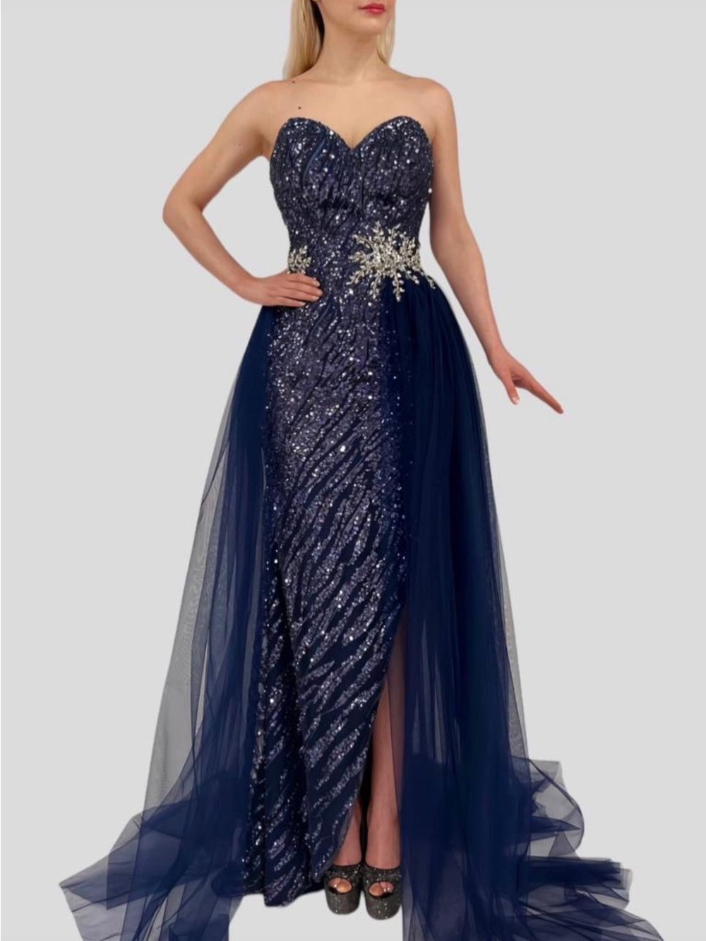 Strapless Navy Sequin Evening Gown with Tulle Overskirt
